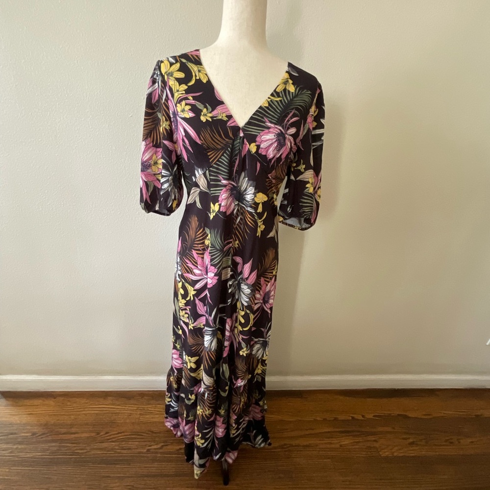 Fourteenth Place Floral Print Ruffle Hem MIDI Dress In Black Size L New